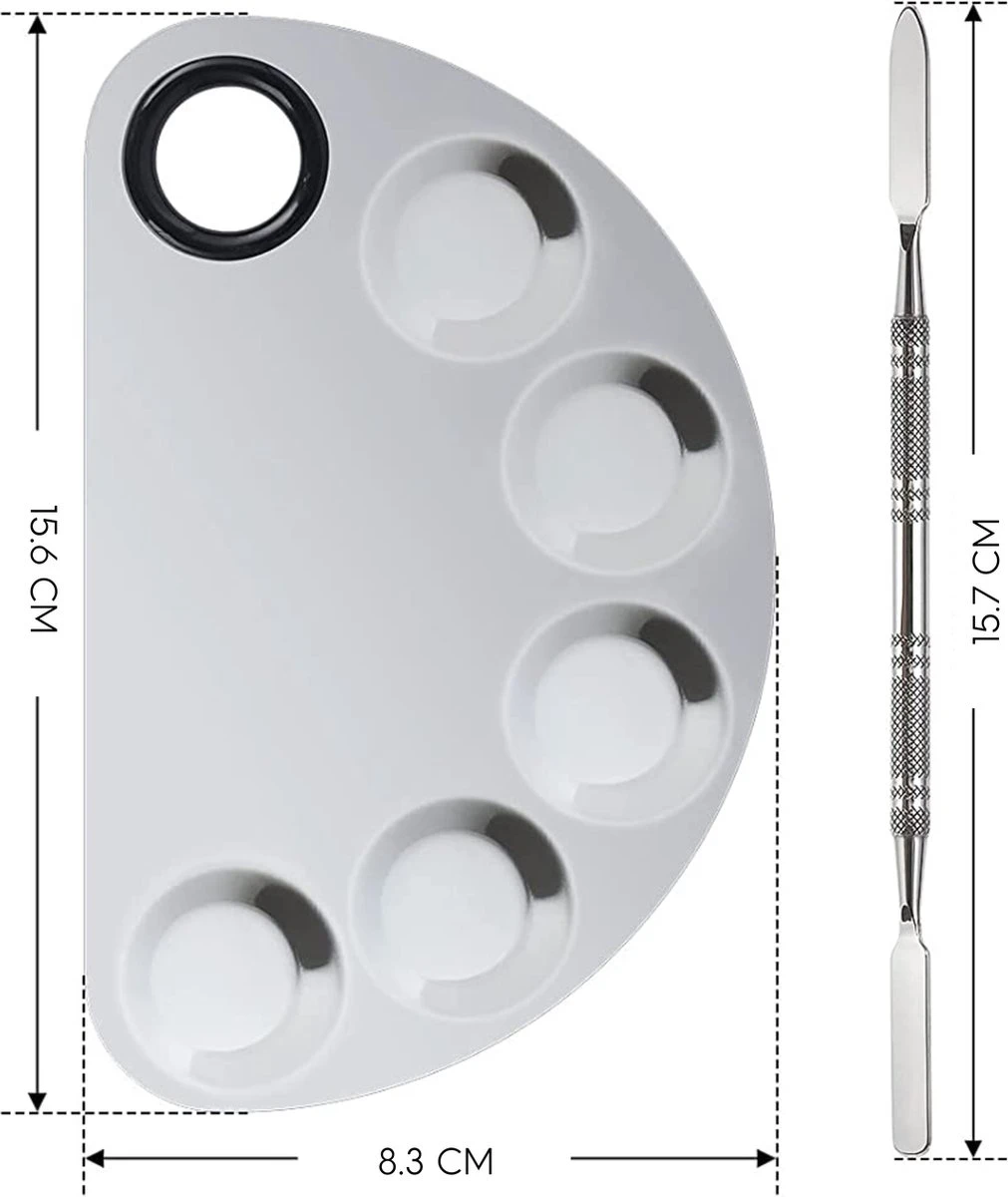 YUBBI™ Professioneel Mixing Palette - Inclusief Spatula - Voor Make Up - Nail Art - Nagellak - Gellak - RVS - Zilver 2 YUBBI™ Professioneel Mixing Palette - Inclusief Spatula - Voor Make Up - Nail Art - Nagellak - Gellak - RVS - Zilver - Afbeelding 2