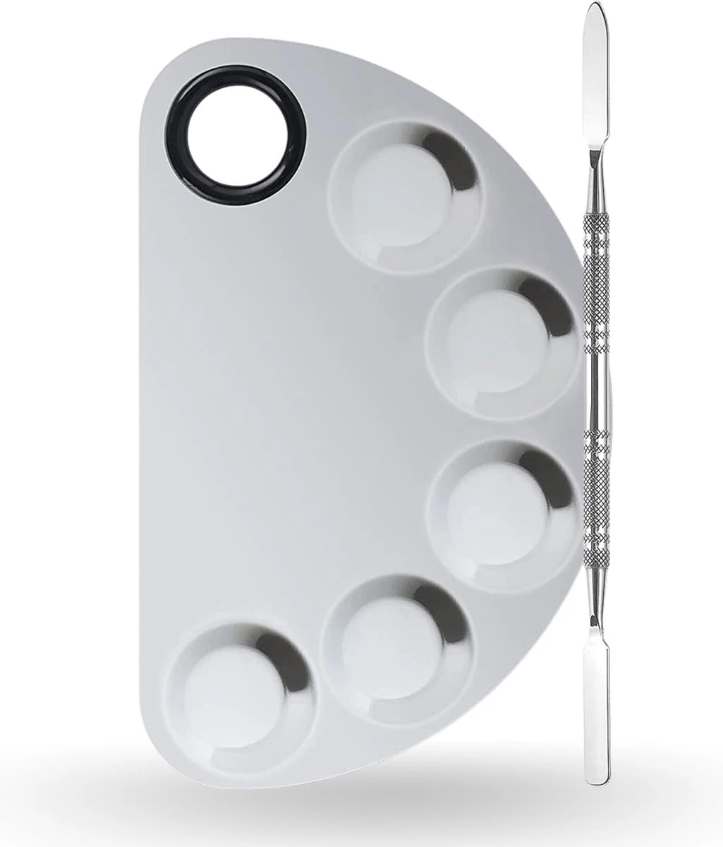 YUBBI™ Professioneel Mixing Palette - Inclusief Spatula - Voor Make Up - Nail Art - Nagellak - Gellak - RVS - Zilver 1 YUBBI™ Professioneel Mixing Palette - Inclusief Spatula - Voor Make Up - Nail Art - Nagellak - Gellak - RVS - Zilver