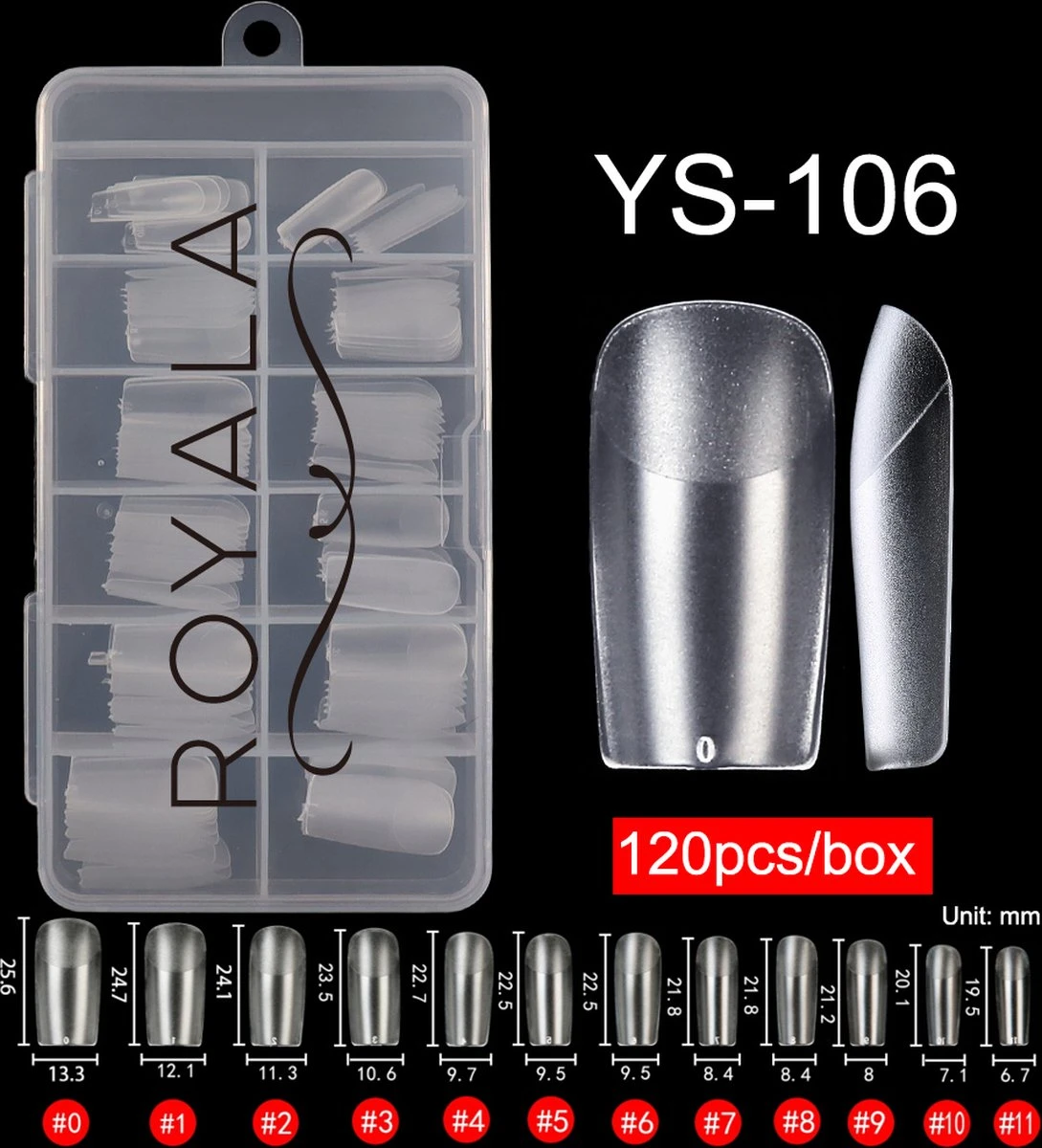Royala 106 - Square / T Shaped Binnen En Buiten Full Frosted - Full Cover - Nageltips - Nepnagels - Plaknagels - In Assortimentsbox - 120 Stuks 12 Maten - Voor Gellak Acrylnagellak En PolyGel Nagels - Royala Frosted Tips Line 1 Royala 106 - Square / T Shaped Binnen En Buiten Full Frosted - Full Cover - Nageltips - Nepnagels - Plaknagels - In Assortimentsbox - 120 Stuks 12 Maten - Voor Gellak Acrylnagellak En PolyGel Nagels - Royala Frosted Tips Line