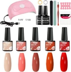 Mtssii - Gelnagel Kit - 5 Kleuren Gellak - Nude En Rood Tinten - Starterkit - Manicure Set - 54 Watt UV Lamp - Gel Nagels Starterspakket - Nepnagels -