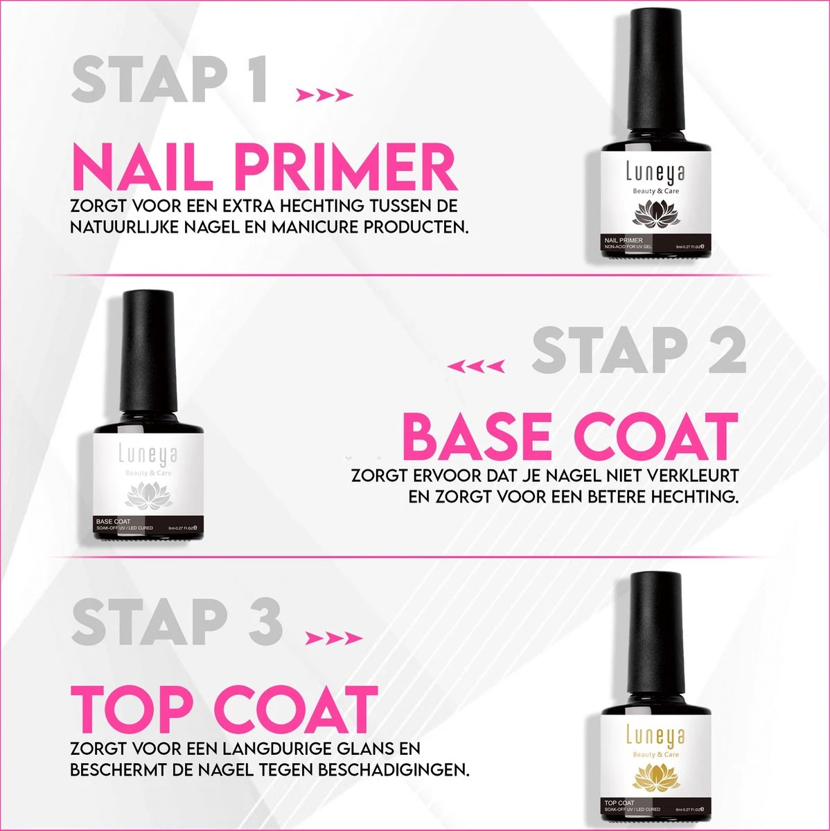 Luneya Gellak - Starterspakket - Primer - Base Coat - Top Coat - LED Lamp Gel Nagellak 2 Luneya Gellak - Starterspakket - Primer - Base Coat - Top Coat - LED Lamp Gel Nagellak - Afbeelding 2