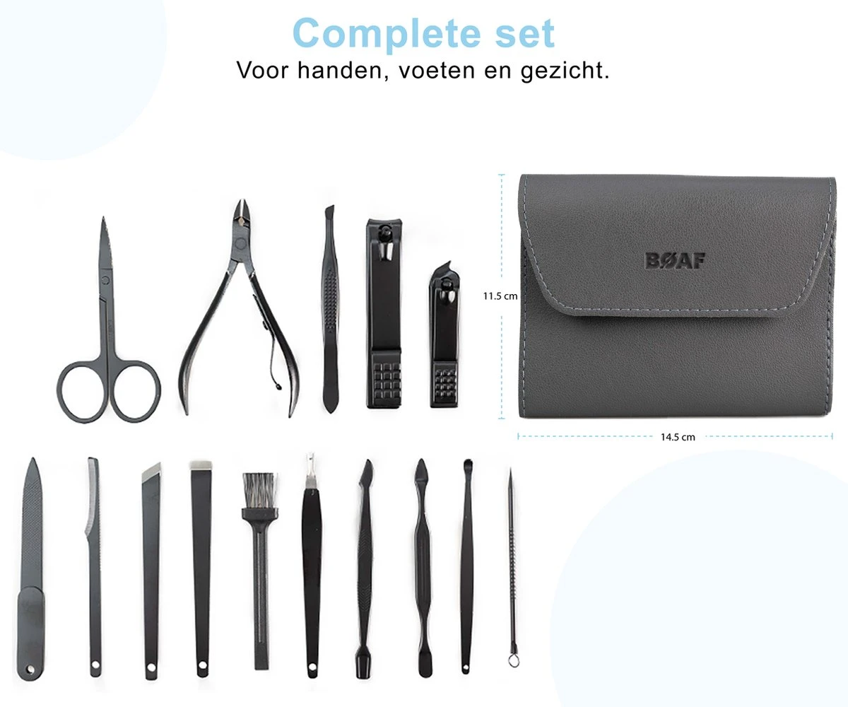 Merkloos Luxe 16-delige | Manicure Set | Met Lederen Opbergetui | Manicureset | Nagelknipper | Grijs 2 Merkloos Luxe 16-delige | Manicure Set | Met Lederen Opbergetui | Manicureset | Nagelknipper | Grijs - Afbeelding 2