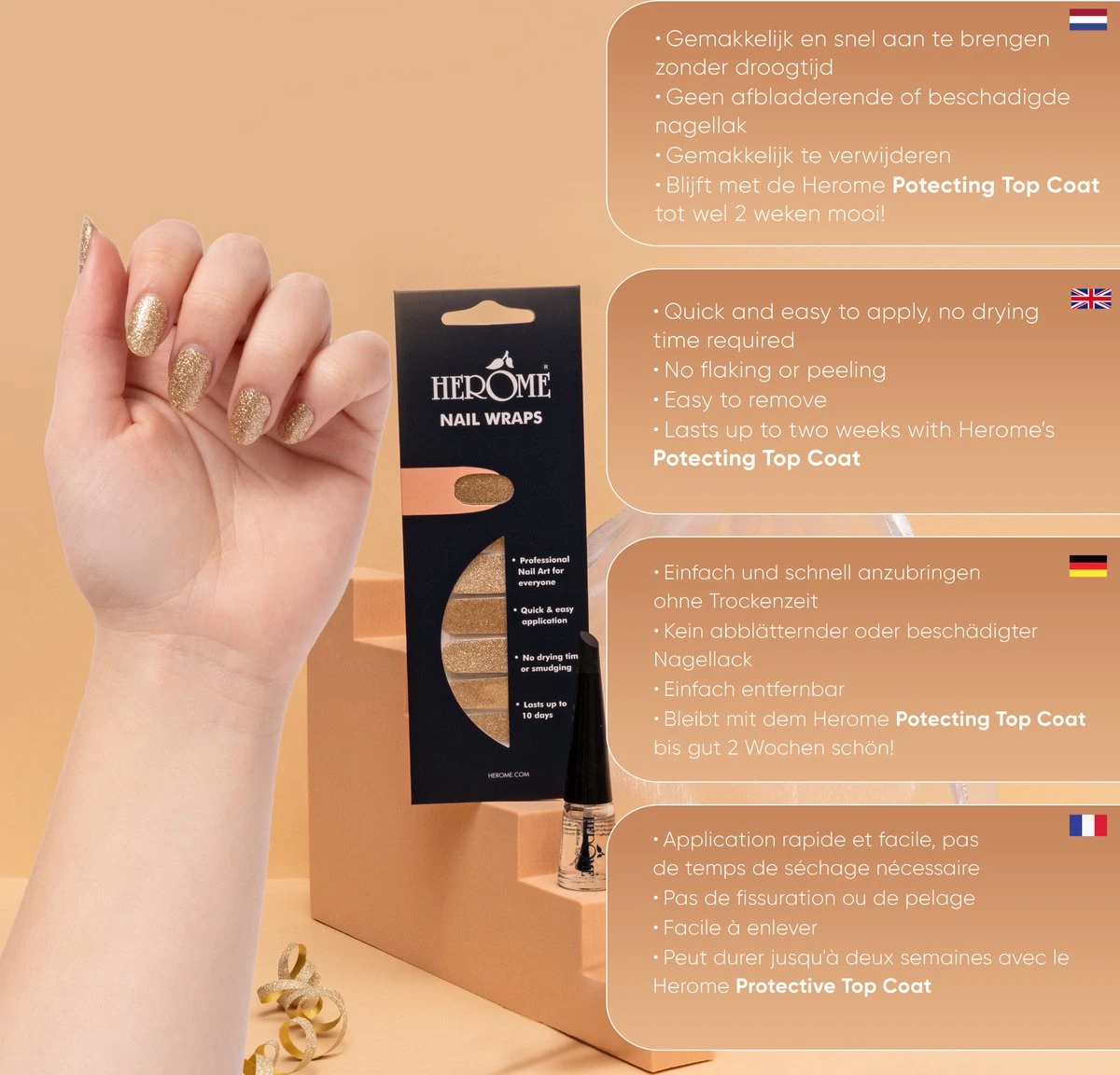 Herome Nail Wraps Golden Glitter - Nagelstickers - Nail Art - Zonder Droogtijd - 2x10 Stickers 2 Herome Nail Wraps Golden Glitter - Nagelstickers - Nail Art - Zonder Droogtijd - 2x10 Stickers - Afbeelding 2