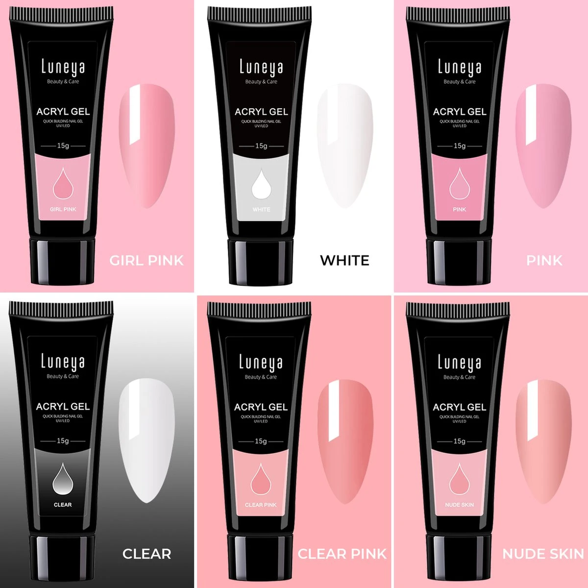 Luneya Polygel Kit - 6 Kleuren - Polygel Nagels Starterspakket - Tasje - Incl. UV LED Lamp 4 Luneya Polygel Kit - 6 Kleuren - Polygel Nagels Starterspakket - Tasje - Incl. UV LED Lamp - Afbeelding 4