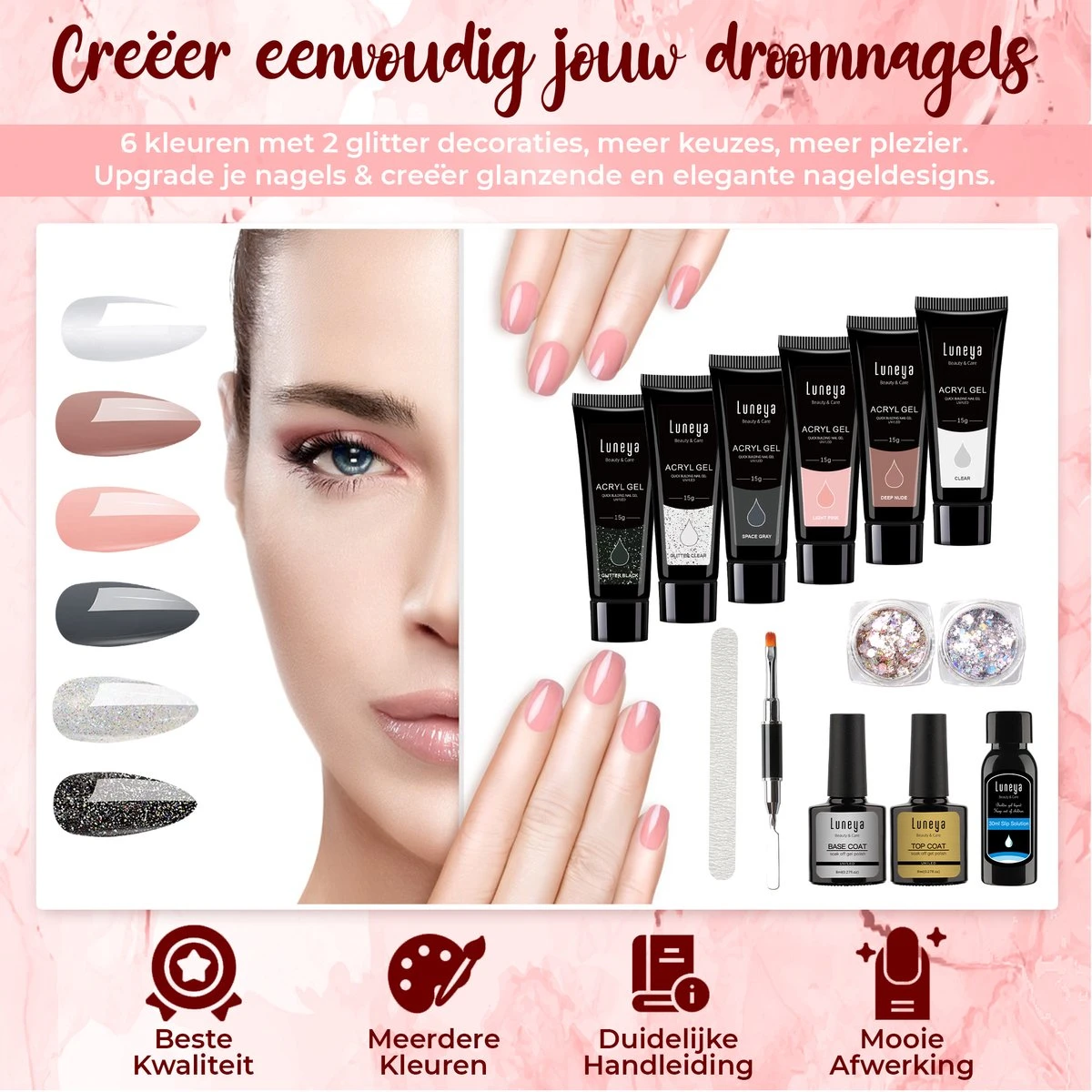 Luneya Polygel Kit - Black Pink Edition - 6 Kleuren - Polygel Nagels Starterspakket - Tasje - Incl. UV LED Lamp 3 Luneya Polygel Kit - Black Pink Edition - 6 Kleuren - Polygel Nagels Starterspakket - Tasje - Incl. UV LED Lamp - Afbeelding 3