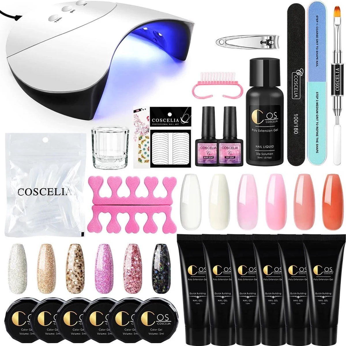 Polygel Kit- Polygel Nagels- Polygel Starter Set- 1x36W LED Nagel Droger Lamp 6x15ML Poly Gel 1 X Top Coat 1 X Base Coat 6x5ML UV Gel 1 X Dual End Nail Borstel 1x50Pcs Clear Quick Building Mold Tips 1x30ML Cleanser Plus 1 X Nagelvijl 1x6-Man 1 Polygel Kit- Polygel Nagels- Polygel Starter Set- 1x36W LED Nagel Droger Lamp 6x15ML Poly Gel 1 X Top Coat 1 X Base Coat 6x5ML UV Gel 1 X Dual End Nail Borstel 1x50Pcs Clear Quick Building Mold Tips 1x30ML Cleanser Plus 1 X Nagelvijl 1x6-Man
